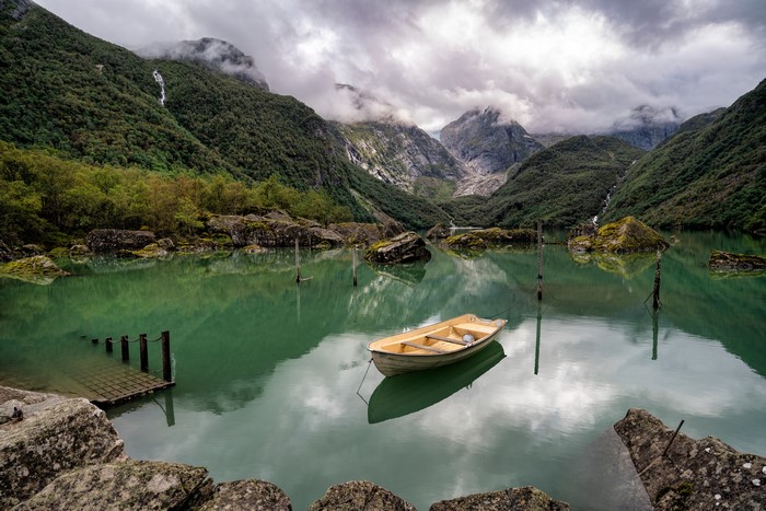 Boat on a lake in Folgefonna National Park, Norway
