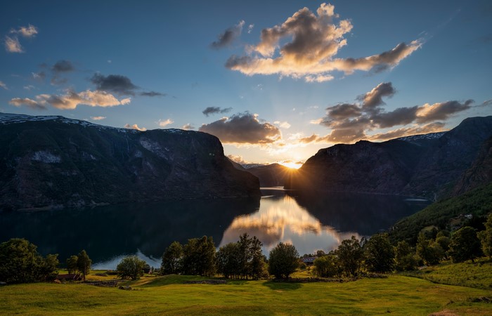 Sunset over Aurlandsvangen Fjord in Norway