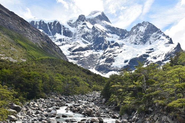 Snowy Mountains and River in Torres del Paine National Park, Patagonia
