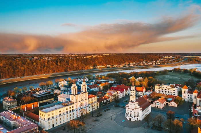 Kaunas Old Town, Lithuania from above at sunset