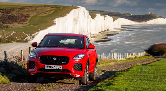 Red Jaguar E-Pace R-Dynamic First Edition on UK Coast