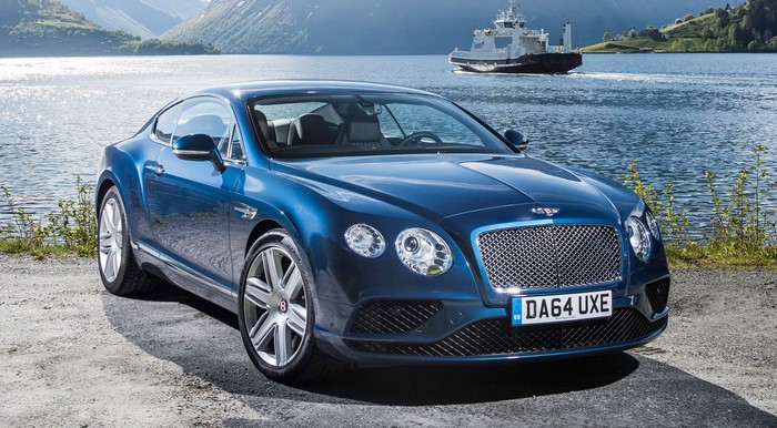 Blue Bentley Continental GT V8 Coupe by a Lake