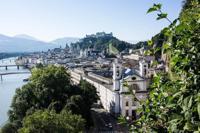 Salzburg, Austria cityscape with river and fortress
