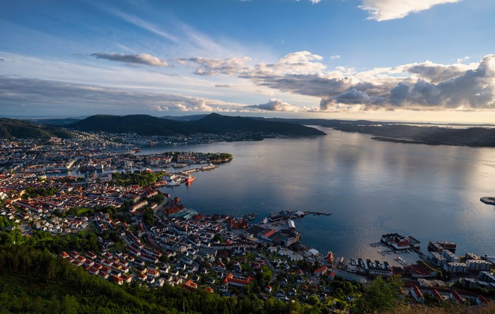 Bergen, Norway: Aerial View of City and Fjord