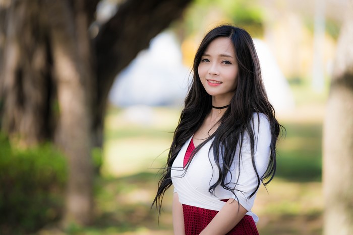 4K Asian Brunette Girl Smiling Outdoors
