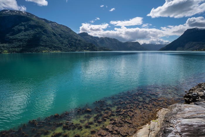 Lustrafjorden, Norway, Mountains, Clouds, Fjord