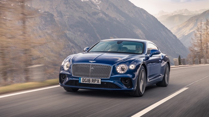 Bentley Continental GT Sequin Blue driving on mountain road