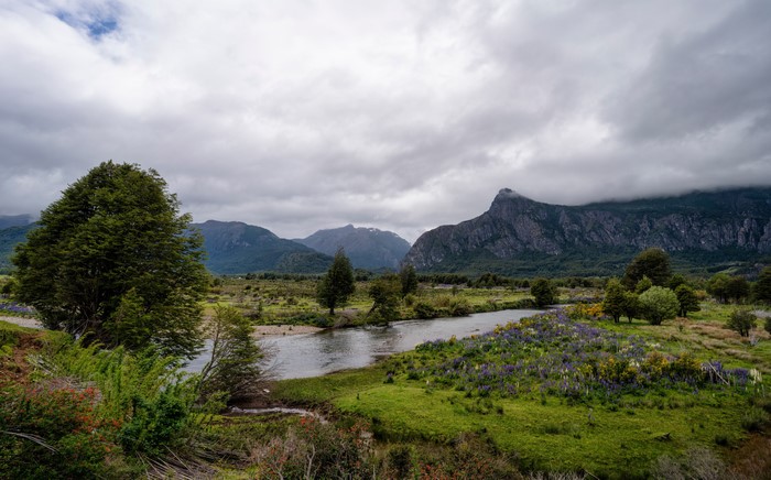 Patagonia Chile Mountains River Scenery Clouds Trees