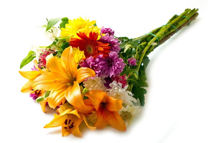 Bouquet of Lilies, Chrysanthemums, and Gerberas on White Background