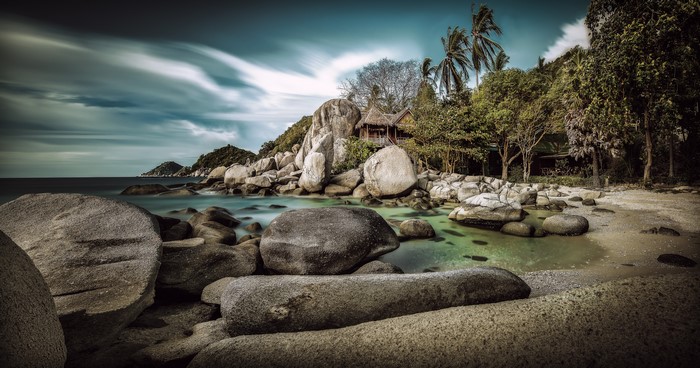 Koh Tao Thailand Coastline with Rocks and Hut