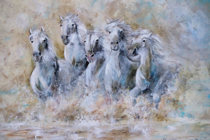 Painting of white horses running through water