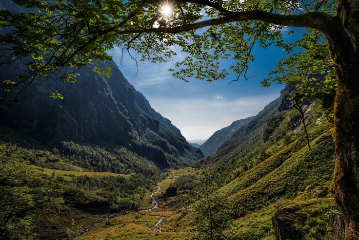 Sunlight over a valley in Hardanger, Norway
