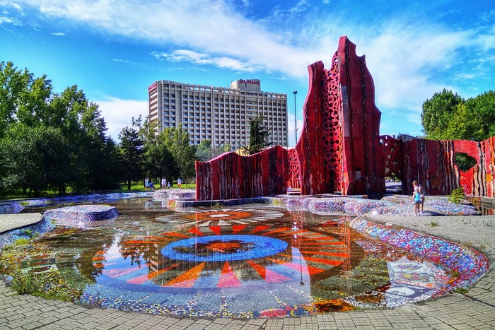 Fountain with mosaic and red sculpture in Sochi, Russia