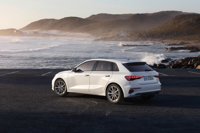 White Audi A3 Sportback 30 g-tron on a coast