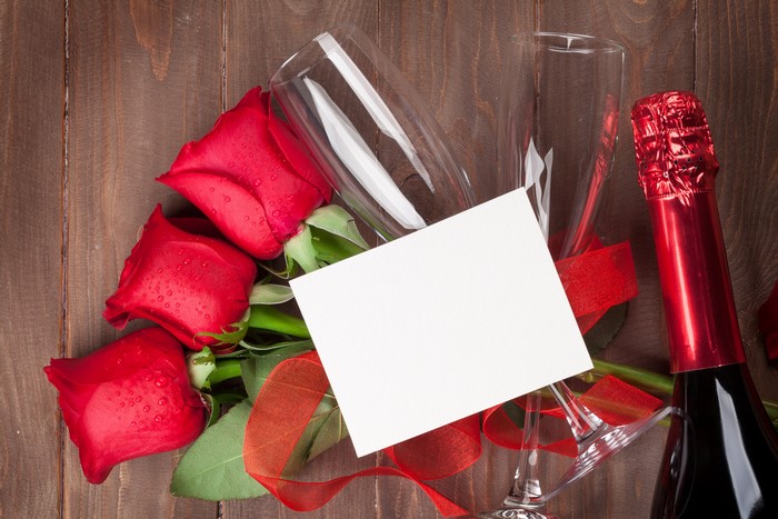 Red Roses, Champagne Glasses, Bottle, and Greeting Card