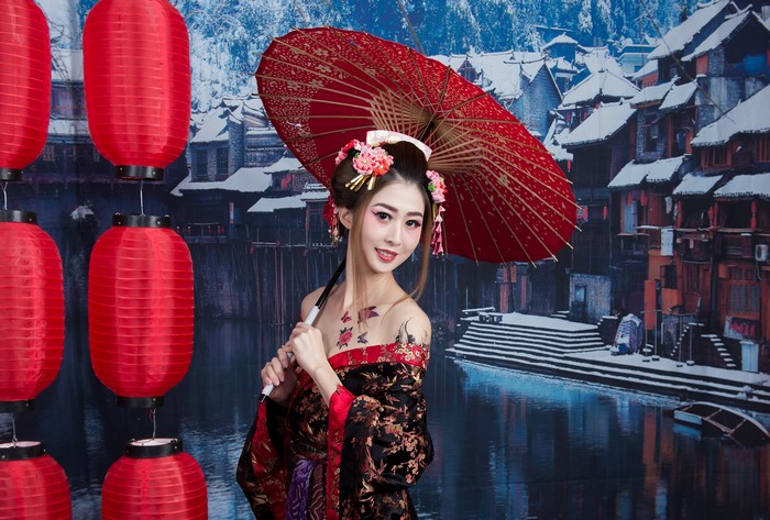 Woman in Kimono Holding Umbrella with Red Lanterns