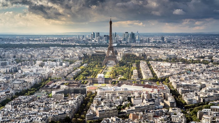 Aerial view of Paris with Eiffel Tower and modern skyline