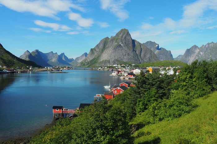 Reine village in Lofoten, Norway with mountains and bay