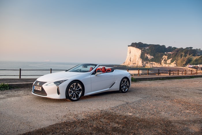White 2020 Lexus LC 500 Convertible by the sea