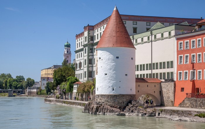 Tower and buildings on the waterfront in Passau, Germany