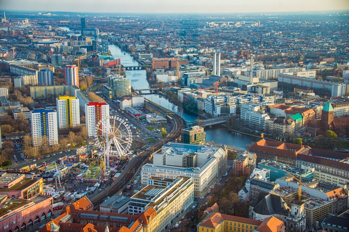 Aerial view of Berlin, Germany with Ferris wheel and river