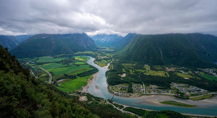 Aerial view of Trollveggen, Norway with mountains and river