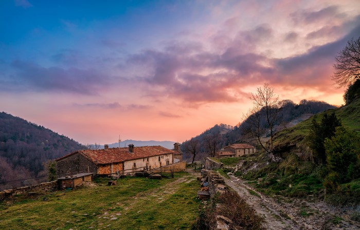 Houses in Santa Maria de Besora, Spain at sunset