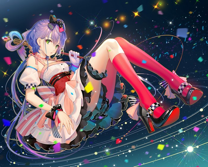 Luo Tianyi from Vocaloid sitting with legs crossed