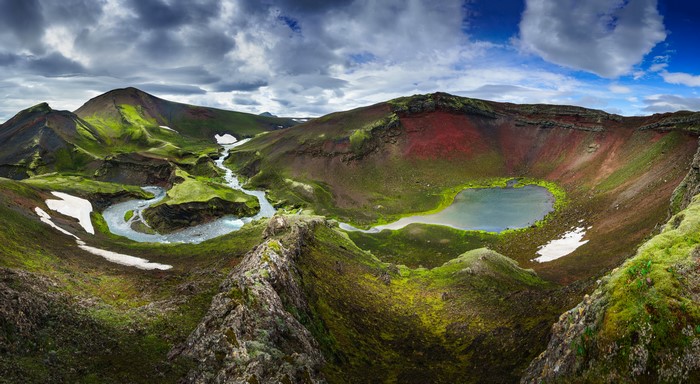 Fjallabak Iceland Mountains with River and Crater Lake