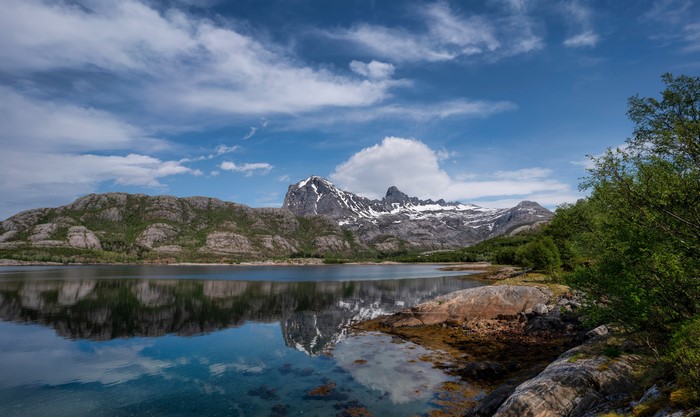 Mountains and lake reflection in Jektvik, Norway
