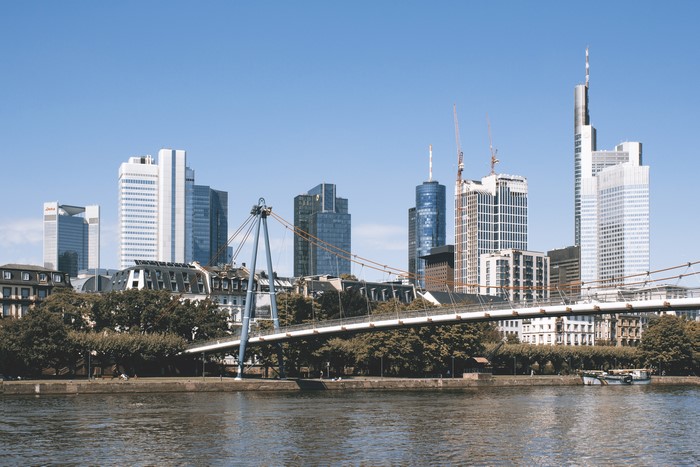 Frankfurt skyline with Main River and bridge