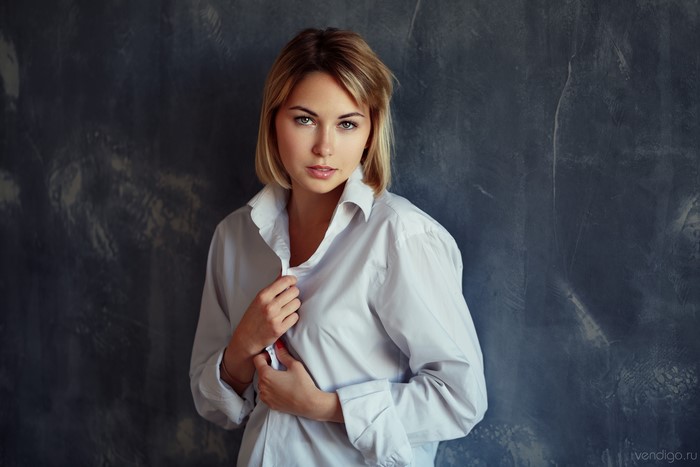 Kristina in a white formal shirt
