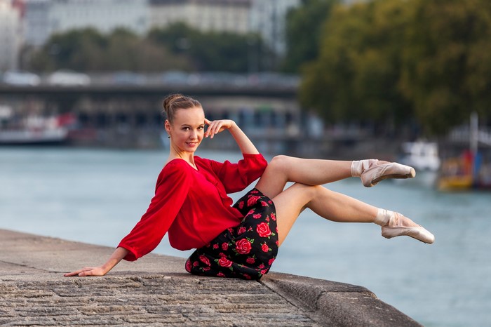 4K Anastasia Sitting in Red Blouse with Ballet Shoes