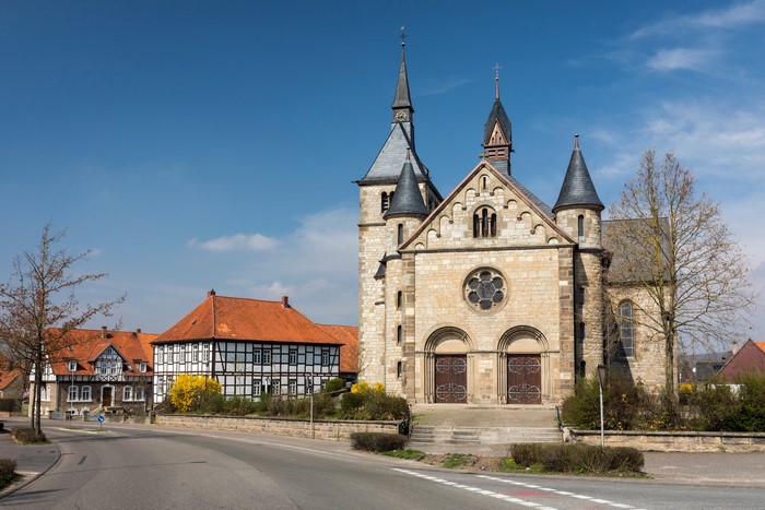 Church and half-timbered houses in Ossendorf, Germany