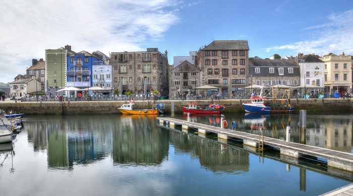 Barbican Marina with Colorful Buildings and Boats