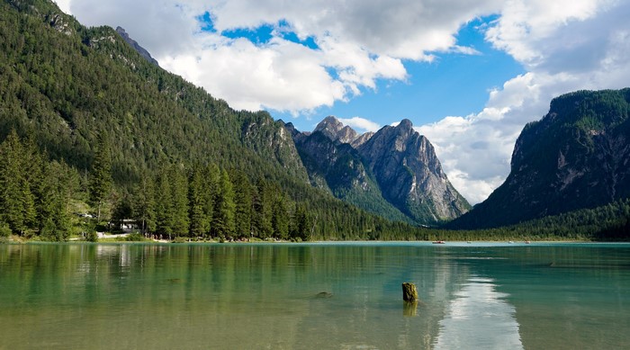 Lake Dobbiaco with Mountains and Forests in Italy