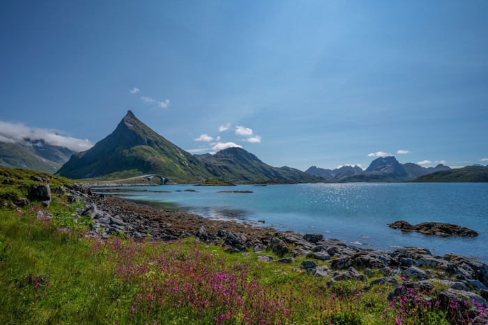 Norway Lofoten Mountains and Fjord with Bridge