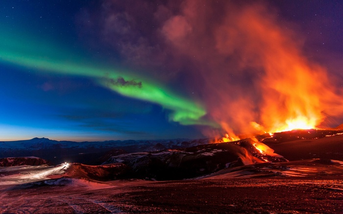 Aurora Borealis over a volcanic eruption