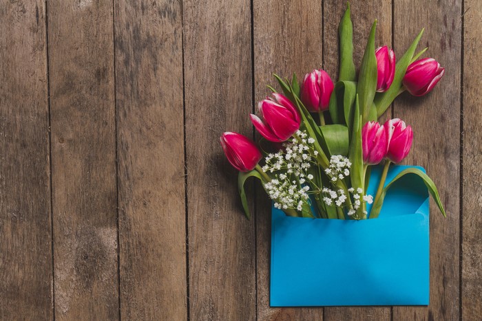 Pink Tulips in a Blue Envelope on Wood Planks