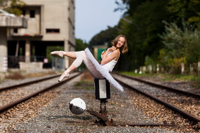 Anastasia the ballerina on train tracks