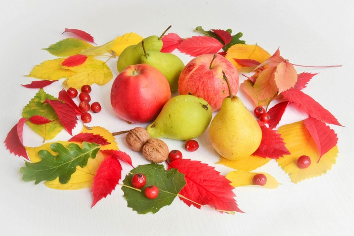 Autumn fruits and leaves with walnuts