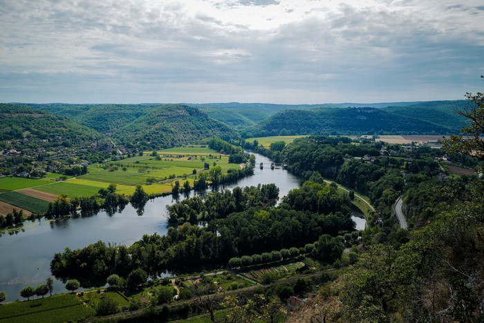 View of Cajarc and the Lot River from Above in France