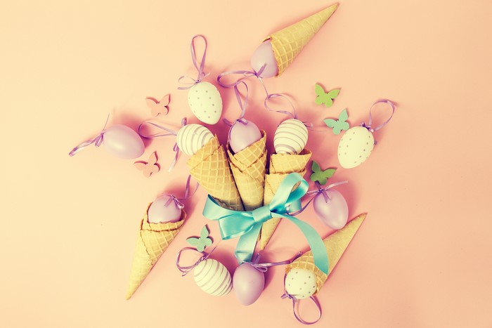 Easter eggs in ice cream cones with butterflies