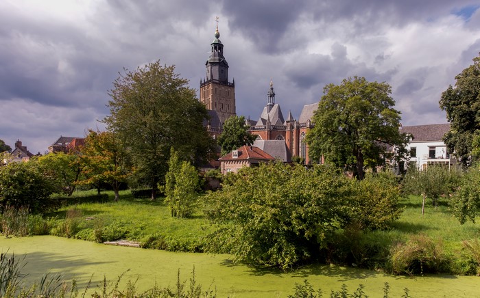 Church tower and houses in Zutphen, Netherlands