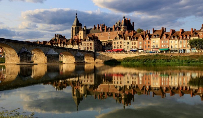 Gien, France: Bridge and Houses Reflected in River