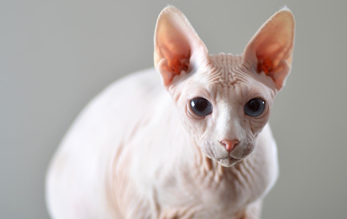 Sphynx cat with blue eyes and wrinkled skin