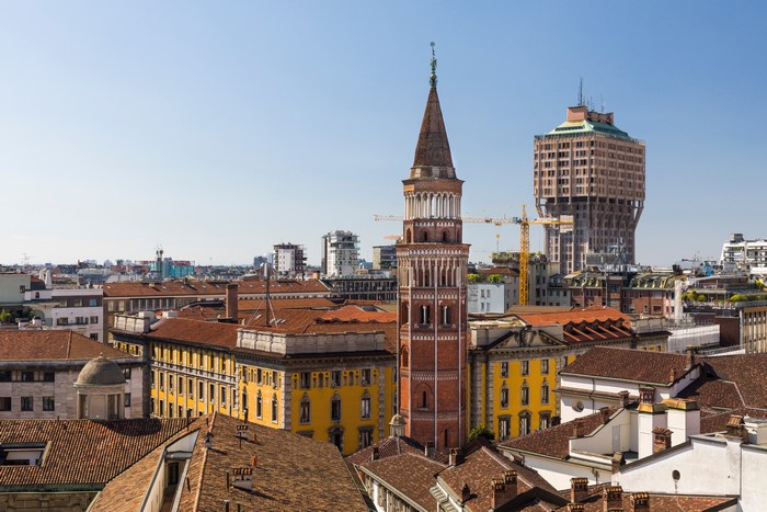 Milan cityscape with tower and modern skyscraper