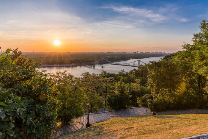 Sunrise over Dnieper River and Bridge in Kiev, Ukraine