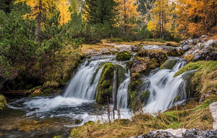 Waterfall in Autumn Forest, Dolomites, Italy