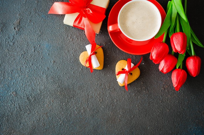 Valentine's Day gift with coffee and tulips